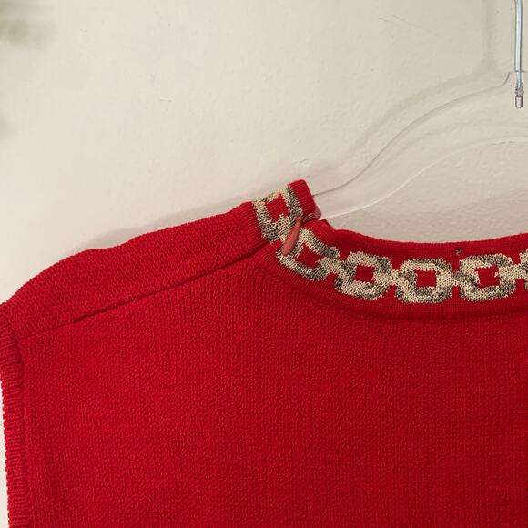 Vintage St. John Red Knit Sleeveless Sweater Tank Gold Chain Neck Medium - Picture 4 of 6